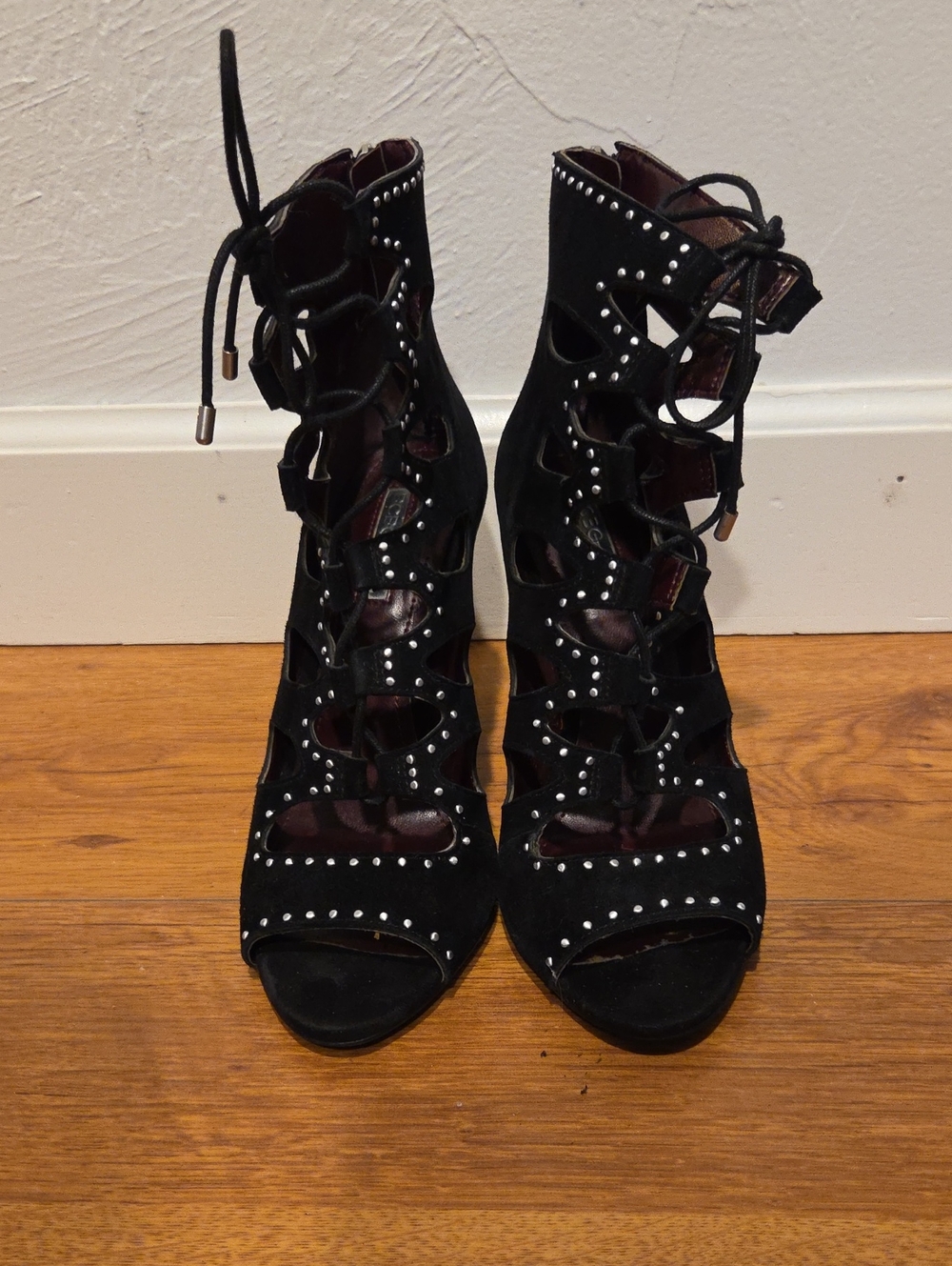 BCBGeneration Black Suede Studded Lace-Up Peep Toe Heels